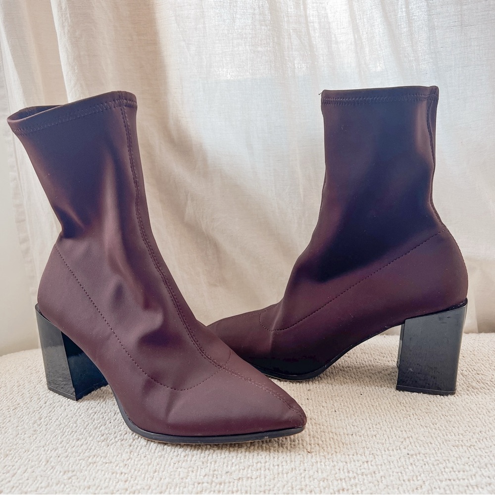 Women's Brown Stretch Sock Boots with Block Heel